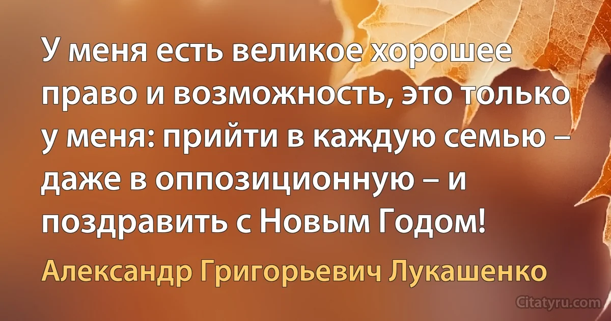 У меня есть великое хорошее право и возможность, это только у меня: прийти в каждую семью – даже в оппозиционную – и поздравить с Новым Годом! (Александр Григорьевич Лукашенко)