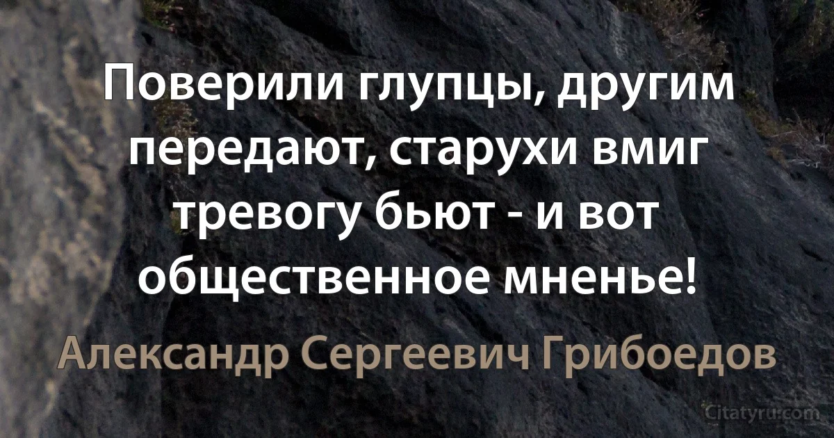 Поверили глупцы, другим передают, старухи вмиг тревогу бьют - и вот общественное мненье! (Александр Сергеевич Грибоедов)