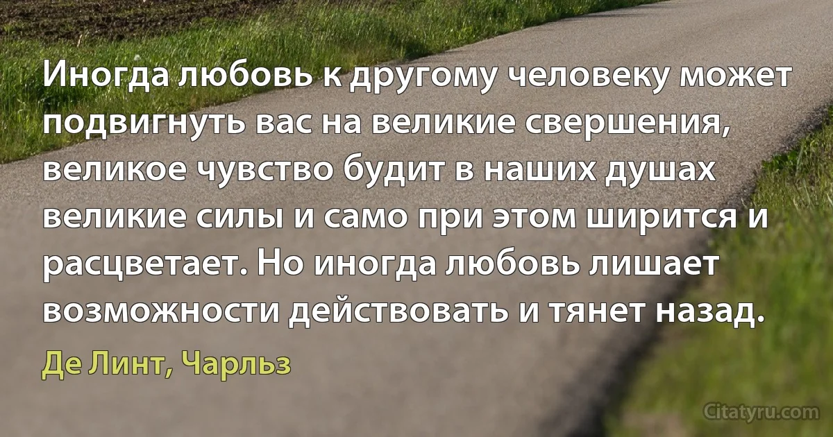 Иногда любовь к другому человеку может подвигнуть вас на великие свершения, великое чувство будит в наших душах великие силы и само при этом ширится и расцветает. Но иногда любовь лишает возможности действовать и тянет назад. (Де Линт, Чарльз)