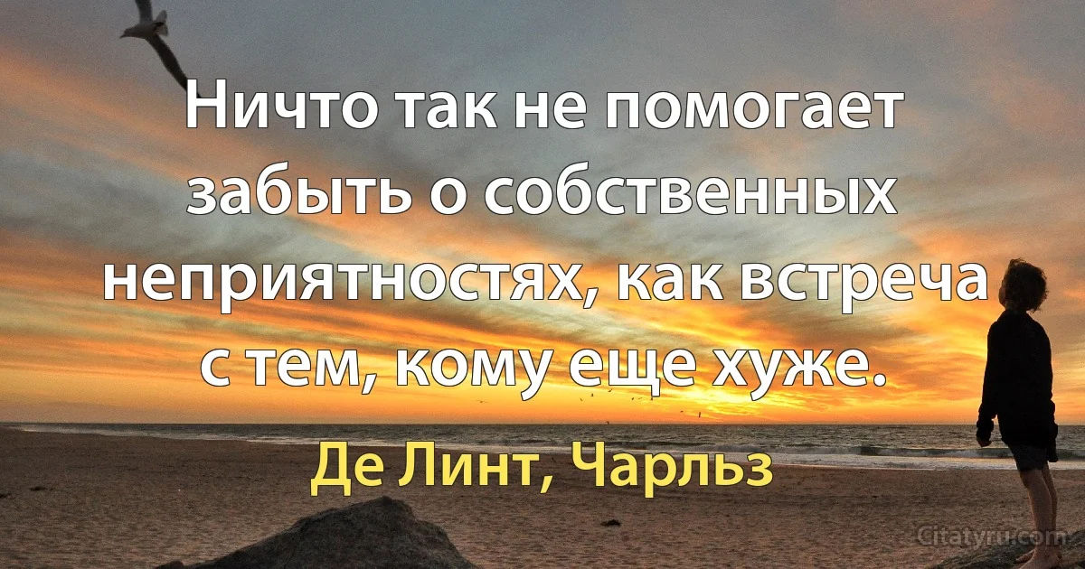 Ничто так не помогает забыть о собственных неприятностях, как встреча с тем, кому еще хуже. (Де Линт, Чарльз)