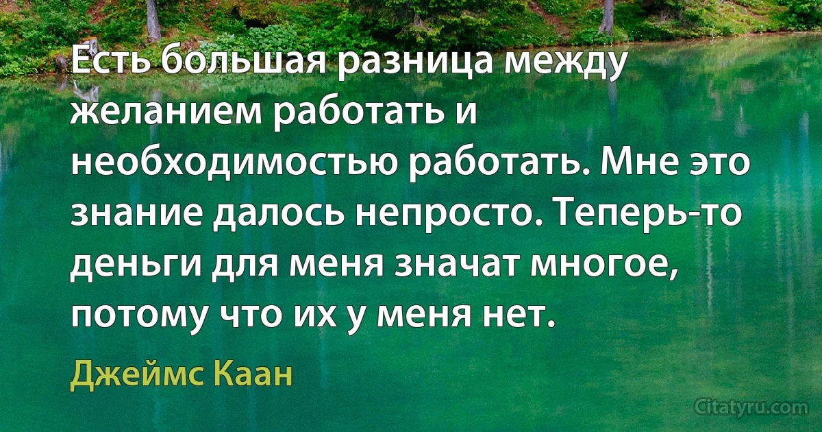 Есть большая разница между желанием работать и необходимостью работать. Мне это знание далось непросто. Теперь-то деньги для меня значат многое, потому что их у меня нет. (Джеймс Каан)