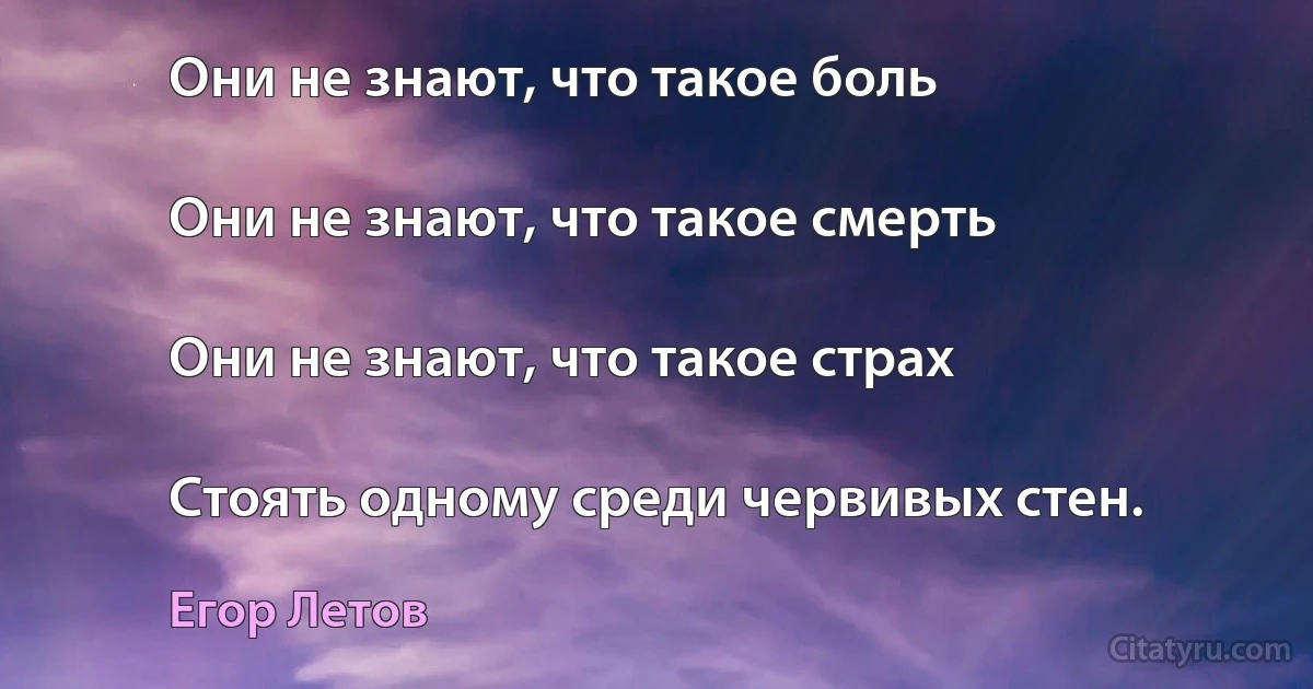 Они не знают, что такое боль

Они не знают, что такое смерть

Они не знают, что такое страх

Стоять одному среди червивых стен. (Егор Летов)