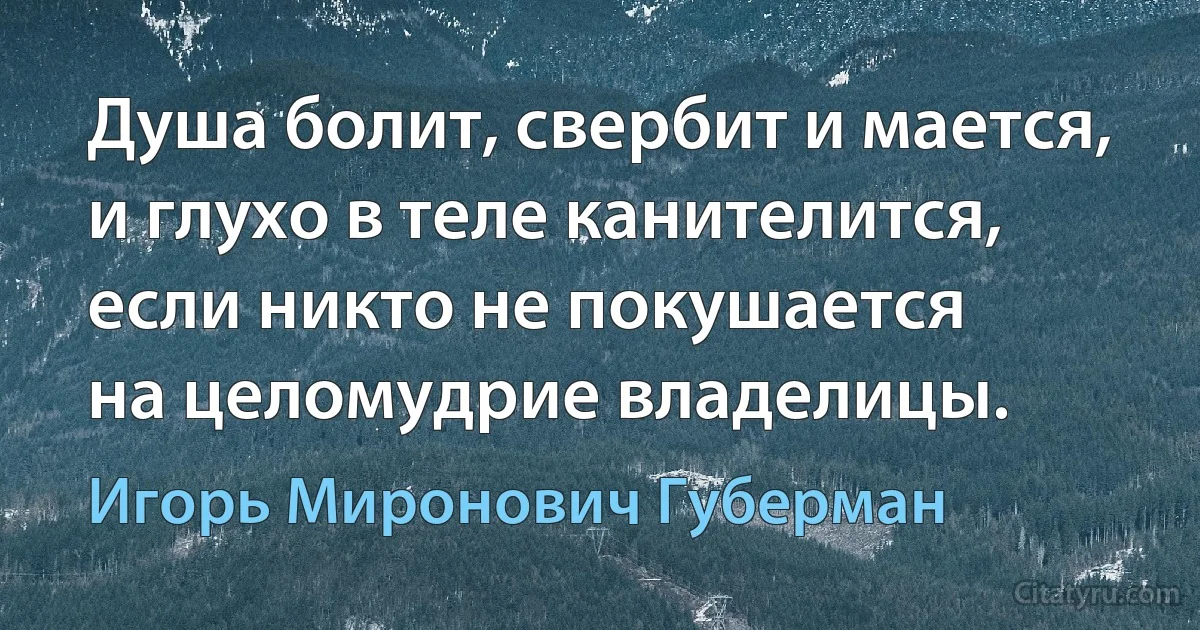 Душа болит, свербит и мается,
и глухо в теле канителится,
если никто не покушается
на целомудрие владелицы. (Игорь Миронович Губерман)