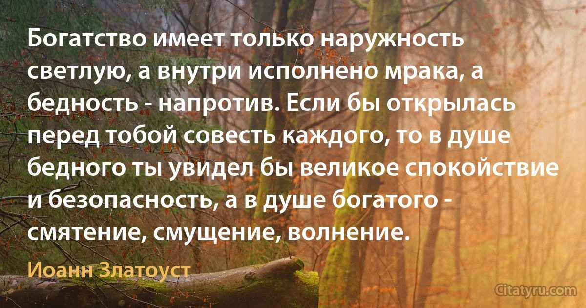 Богатство имеет только наружность светлую, а внутри исполнено мрака, а бедность - напротив. Если бы открылась перед тобой совесть каждого, то в душе бедного ты увидел бы великое спокойствие и безопасность, а в душе богатого - смятение, смущение, волнение. (Иоанн Златоуст)