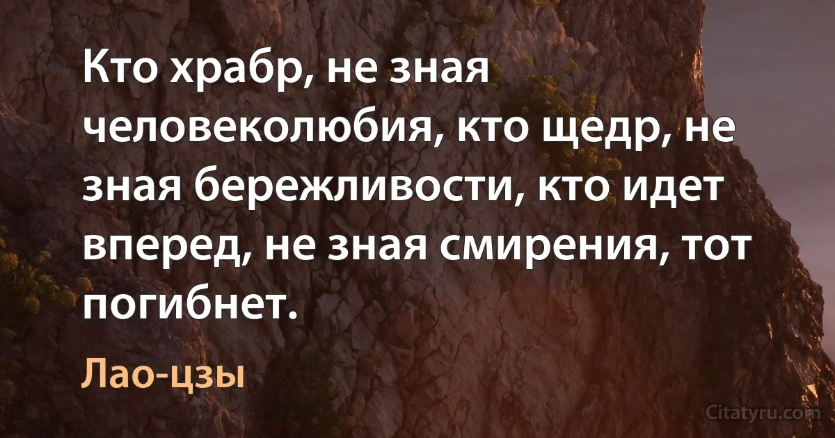 Кто храбр, не зная человеколюбия, кто щедр, не зная бережливости, кто идет вперед, не зная смирения, тот погибнет. (Лао-цзы)