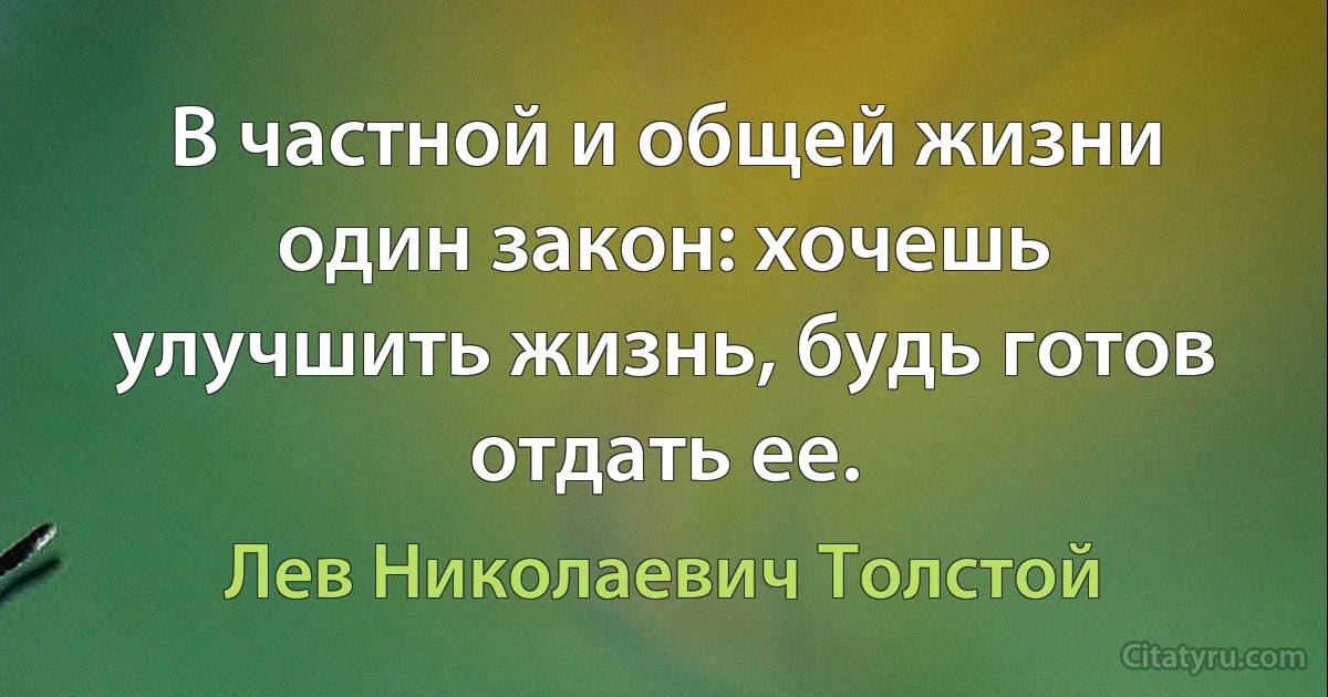 В частной и общей жизни один закон: хочешь улучшить жизнь, будь готов отдать ее. (Лев Николаевич Толстой)