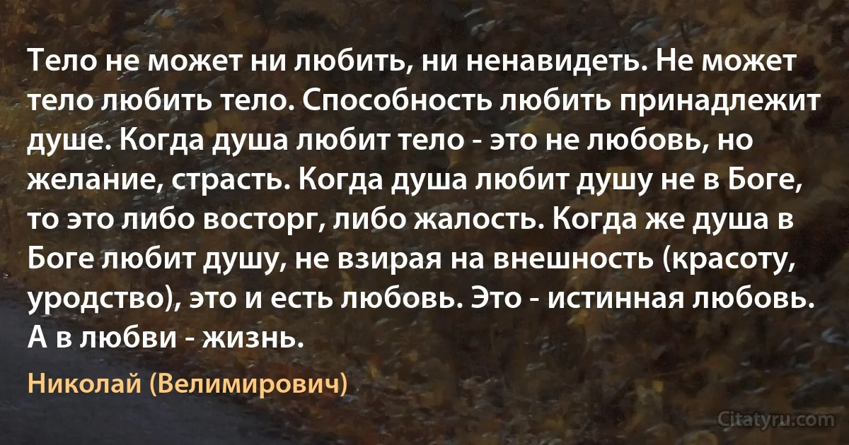 Тело не может ни любить, ни ненавидеть. Не может тело любить тело. Способность любить принадлежит душе. Когда душа любит тело - это не любовь, но желание, страсть. Когда душа любит душу не в Боге, то это либо восторг, либо жалость. Когда же душа в Боге любит душу, не взирая на внешность (красоту, уродство), это и есть любовь. Это - истинная любовь. А в любви - жизнь. (Николай (Велимирович))