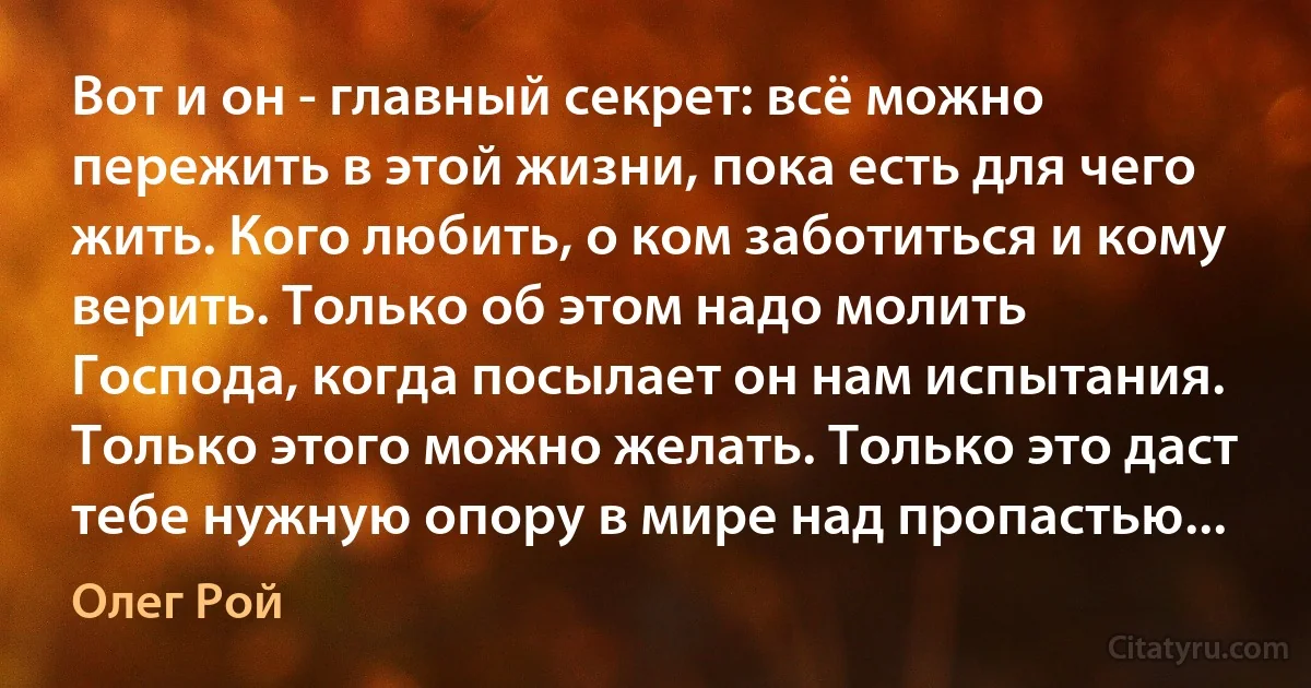 Вот и он - главный секрет: всё можно пережить в этой жизни, пока есть для чего жить. Кого любить, о ком заботиться и кому верить. Только об этом надо молить Господа, когда посылает он нам испытания. Только этого можно желать. Только это даст тебе нужную опору в мире над пропастью... (Олег Рой)