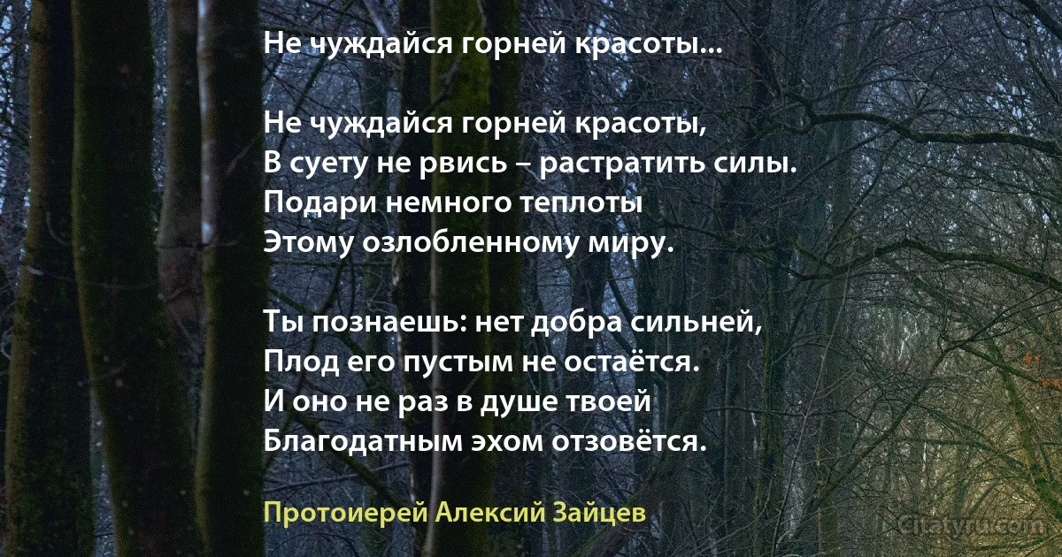 Не чуждайся горней красоты...

Не чуждайся горней красоты,
В суету не рвись – растратить силы.
Подари немного теплоты
Этому озлобленному миру.

Ты познаешь: нет добра сильней,
Плод его пустым не остаётся. 
И оно не раз в душе твоей
Благодатным эхом отзовётся. (Протоиерей Алексий Зайцев)