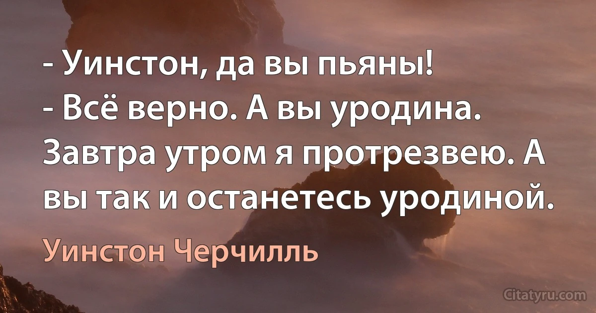 - Уинстон, да вы пьяны!
- Всё верно. А вы уродина. Завтра утром я протрезвею. А вы так и останетесь уродиной. (Уинстон Черчилль)