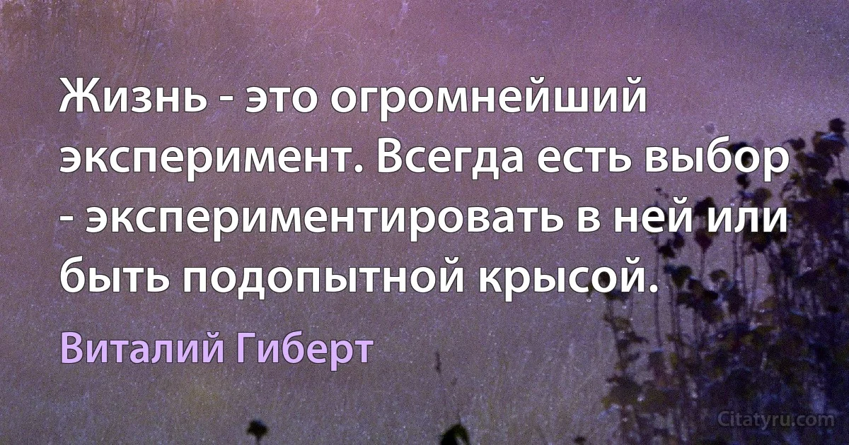 Жизнь - это огромнейший эксперимент. Всегда есть выбор - экспериментировать в ней или быть подопытной крысой. (Виталий Гиберт)