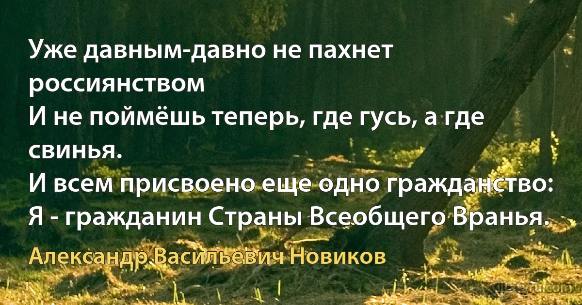 Уже давным-давно не пахнет россиянством
И не поймёшь теперь, где гусь, а где свинья.
И всем присвоено еще одно гражданство:
Я - гражданин Страны Всеобщего Вранья. (Александр Васильевич Новиков)