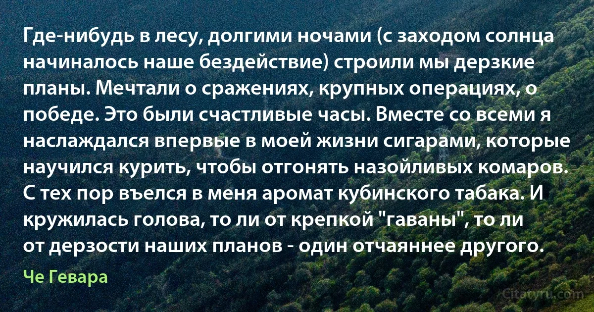 Где-нибудь в лесу, долгими ночами (с заходом солнца начиналось наше бездействие) строили мы дерзкие планы. Мечтали о сражениях, крупных операциях, о победе. Это были счастливые часы. Вместе со всеми я наслаждался впервые в моей жизни сигарами, которые научился курить, чтобы отгонять назойливых комаров. С тех пор въелся в меня аромат кубинского табака. И кружилась голова, то ли от крепкой "гаваны", то ли от дерзости наших планов - один отчаяннее другого. (Че Гевара)