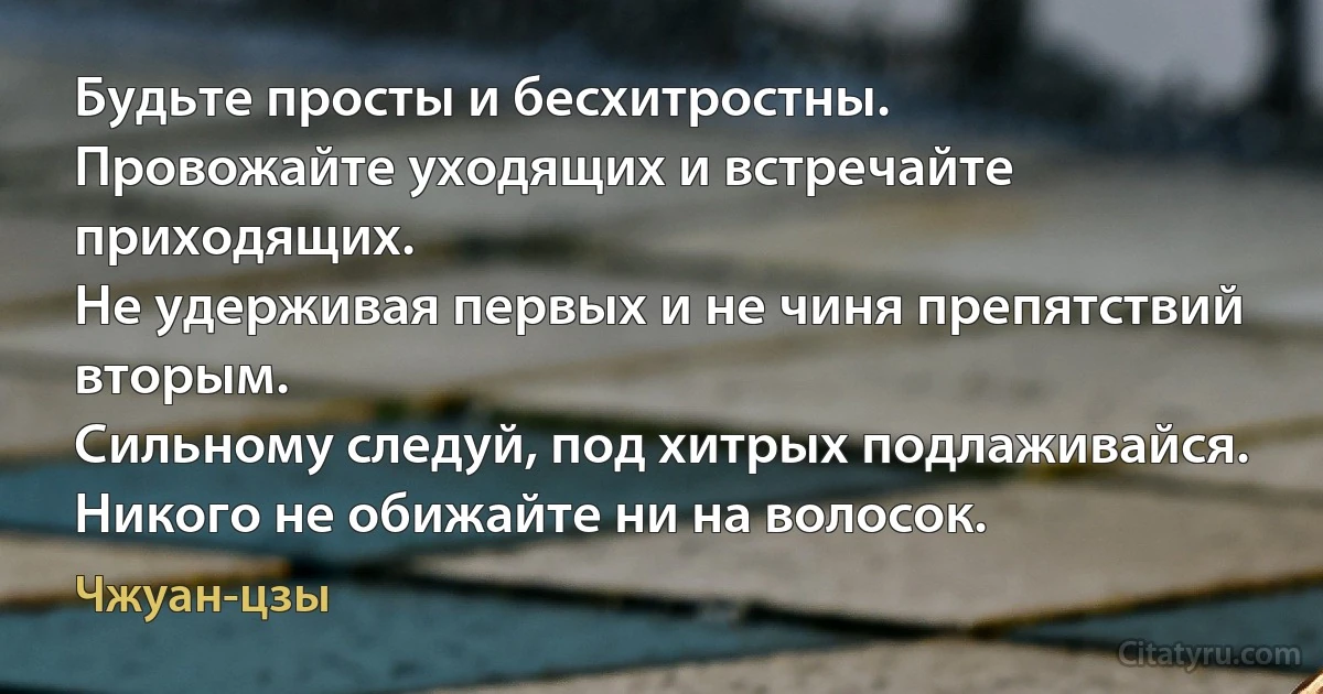 Будьте просты и бесхитростны.
Провожайте уходящих и встречайте приходящих.
Не удерживая первых и не чиня препятствий вторым.
Сильному следуй, под хитрых подлаживайся.
Никого не обижайте ни на волосок. (Чжуан-цзы)