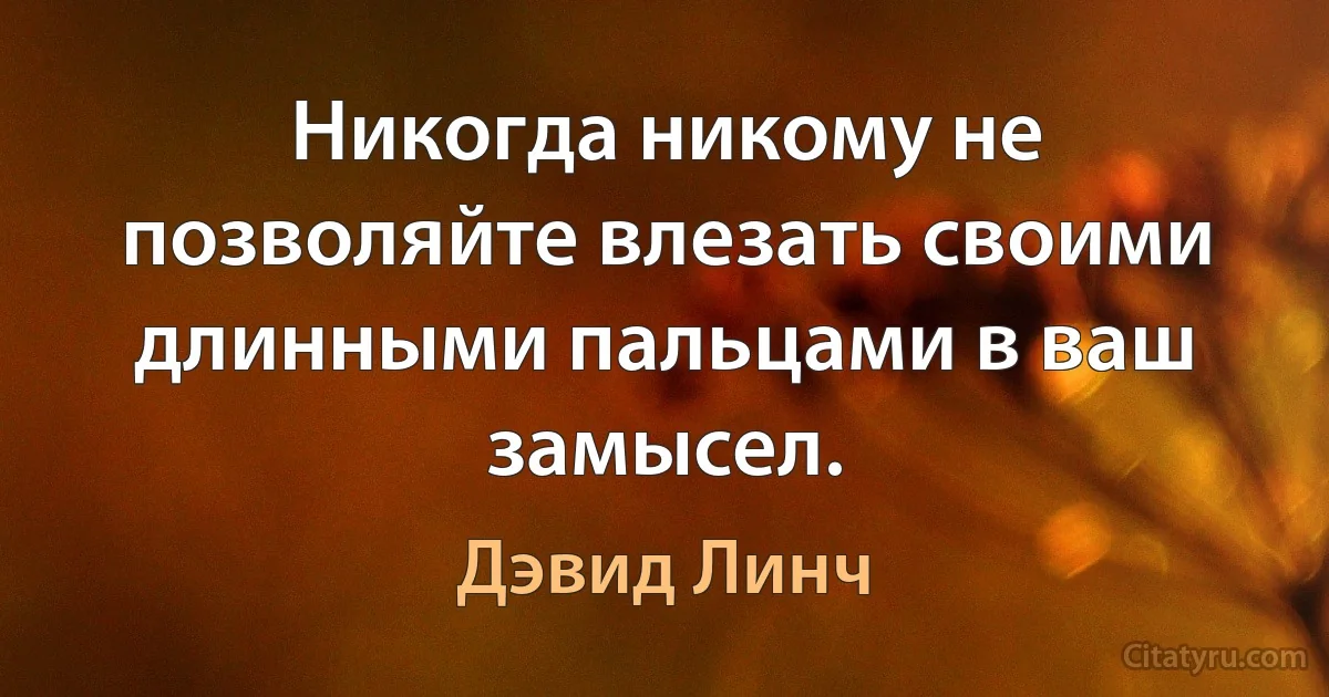 Никогда никому не позволяйте влезать своими длинными пальцами в ваш замысел. (Дэвид Линч)