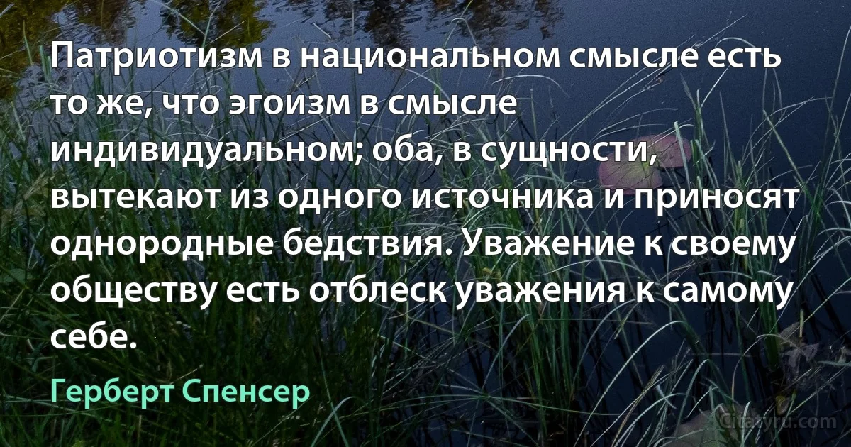 Патриотизм в национальном смысле есть то же, что эгоизм в смысле индивидуальном; оба, в сущности, вытекают из одного источника и приносят однородные бедствия. Уважение к своему обществу есть отблеск уважения к самому себе. (Герберт Спенсер)