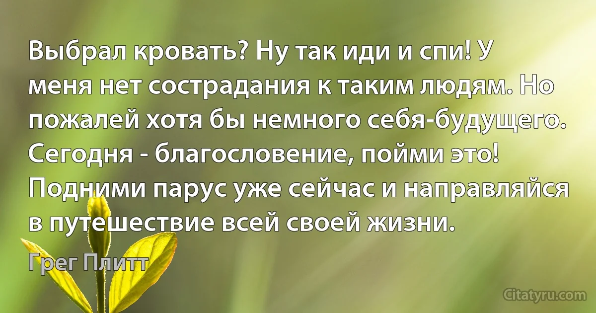 Выбрал кровать? Ну так иди и спи! У меня нет сострадания к таким людям. Но пожалей хотя бы немного себя-будущего. Сегодня - благословение, пойми это! Подними парус уже сейчас и направляйся в путешествие всей своей жизни. (Грег Плитт)