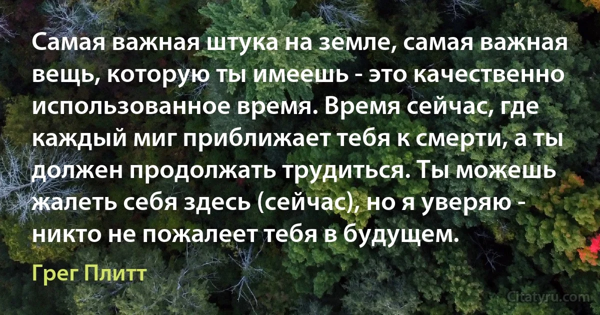 Самая важная штука на земле, самая важная вещь, которую ты имеешь - это качественно использованное время. Время сейчас, где каждый миг приближает тебя к смерти, а ты должен продолжать трудиться. Ты можешь жалеть себя здесь (сейчас), но я уверяю - никто не пожалеет тебя в будущем. (Грег Плитт)