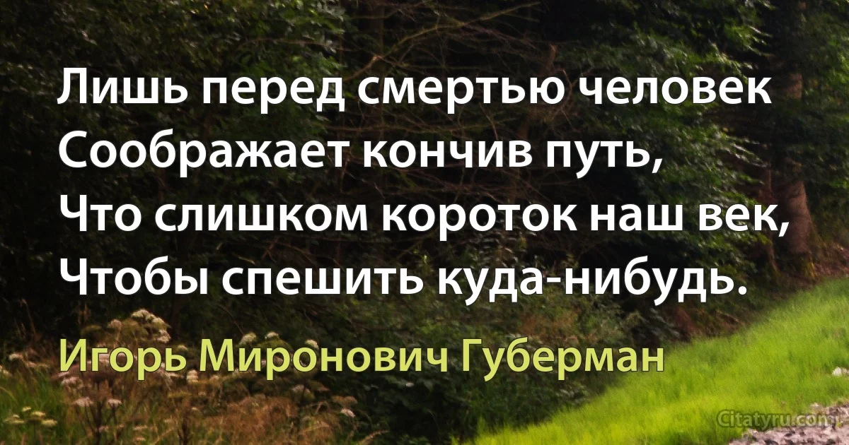 Лишь перед смертью человек
Соображает кончив путь,
Что слишком короток наш век,
Чтобы спешить куда-нибудь. (Игорь Миронович Губерман)