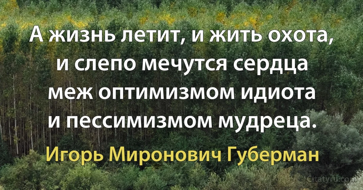 А жизнь летит, и жить охота,
и слепо мечутся сердца
меж оптимизмом идиота
и пессимизмом мудреца. (Игорь Миронович Губерман)