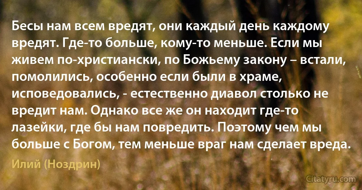 Бесы нам всем вредят, они каждый день каждому вредят. Где-то больше, кому-то меньше. Если мы живем по-христиански, по Божьему закону – встали, помолились, особенно если были в храме, исповедовались, - естественно диавол столько не вредит нам. Однако все же он находит где-то лазейки, где бы нам повредить. Поэтому чем мы больше с Богом, тем меньше враг нам сделает вреда. (Илий (Ноздрин))