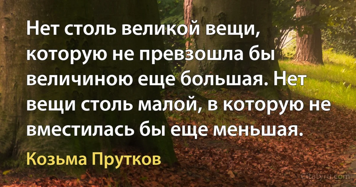 Нет столь великой вещи, которую не превзошла бы величиною еще большая. Нет вещи столь малой, в которую не вместилась бы еще меньшая. (Козьма Прутков)