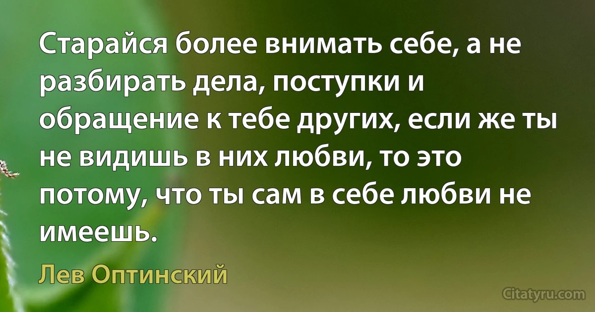 Старайся более внимать себе, а не разбирать дела, поступки и обращение к тебе других, если же ты не видишь в них любви, то это потому, что ты сам в себе любви не имеешь. (Лев Оптинский)