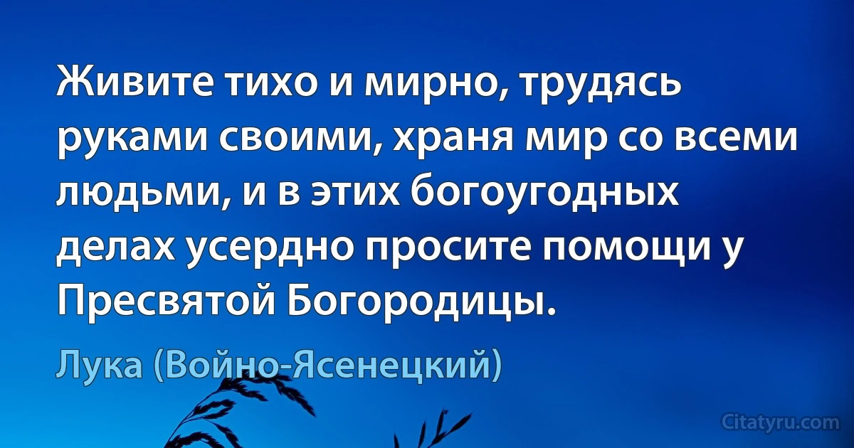 Живите тихо и мирно, трудясь руками своими, храня мир со всеми людьми, и в этих богоугодных делах усердно просите помощи у Пресвятой Богородицы. (Лука (Войно-Ясенецкий))