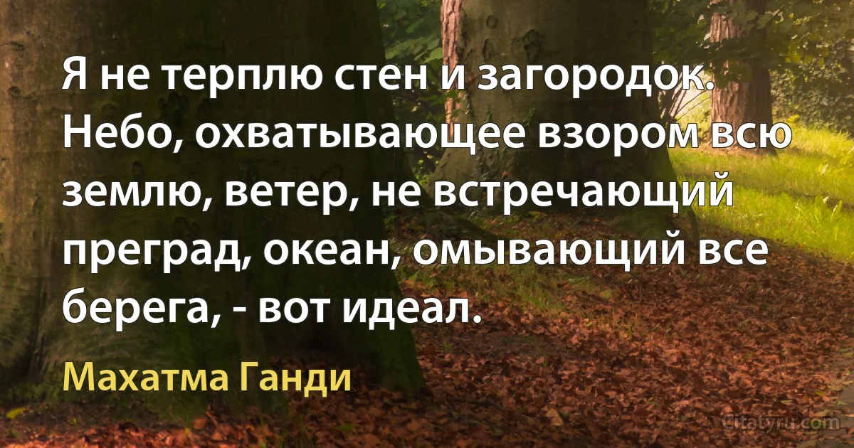 Я не терплю стен и загородок. Небо, охватывающее взором всю землю, ветер, не встречающий преград, океан, омывающий все берега, - вот идеал. (Махатма Ганди)