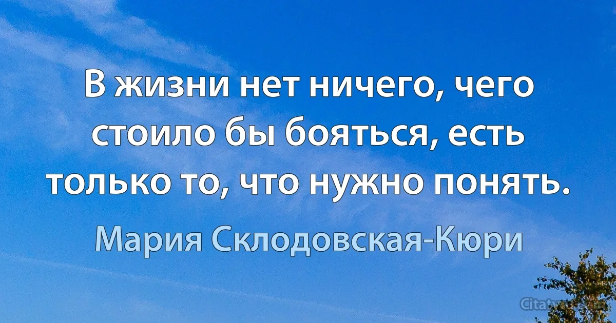 В жизни нет ничего, чего стоило бы бояться, есть только то, что нужно понять. (Мария Склодовская-Кюри)