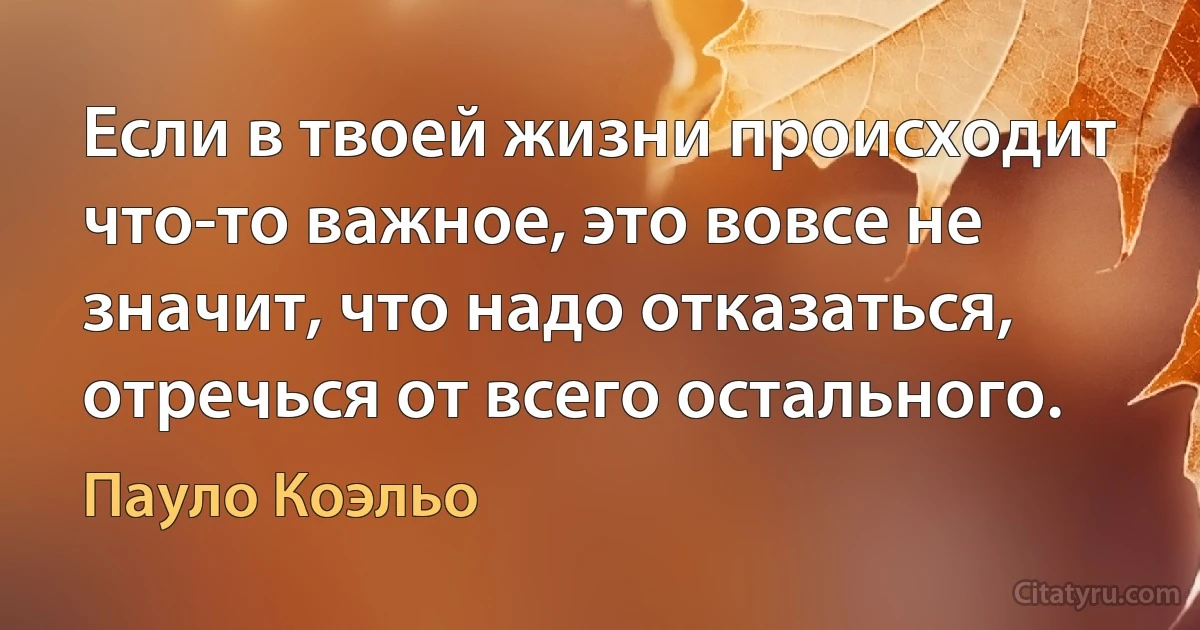 Если в твоей жизни происходит что-то важное, это вовсе не значит, что надо отказаться, отречься от всего остального. (Пауло Коэльо)