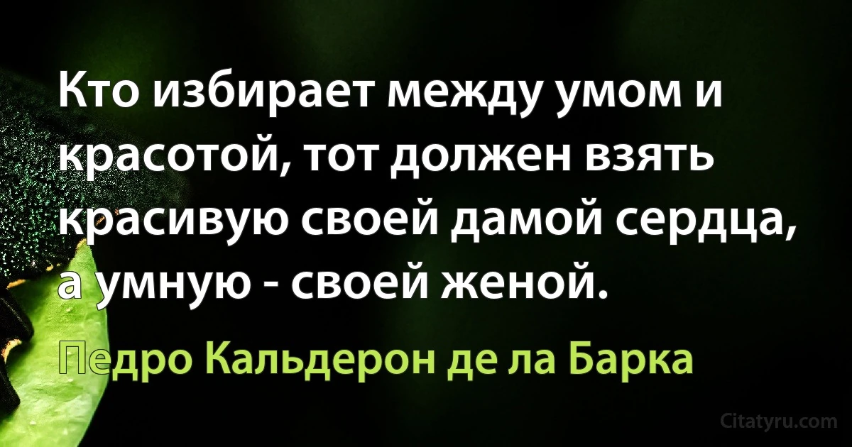 Кто избирает между умом и красотой, тот должен взять красивую своей дамой сердца, а умную - своей женой. (Педро Кальдерон де ла Барка)