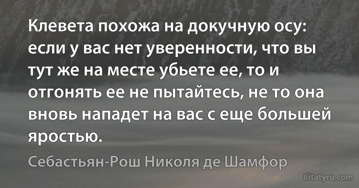 Клевета похожа на докучную осу: если у вас нет уверенности, что вы тут же на месте убьете ее, то и отгонять ее не пытайтесь, не то она вновь нападет на вас с еще большей яростью. (Себастьян-Рош Николя де Шамфор)