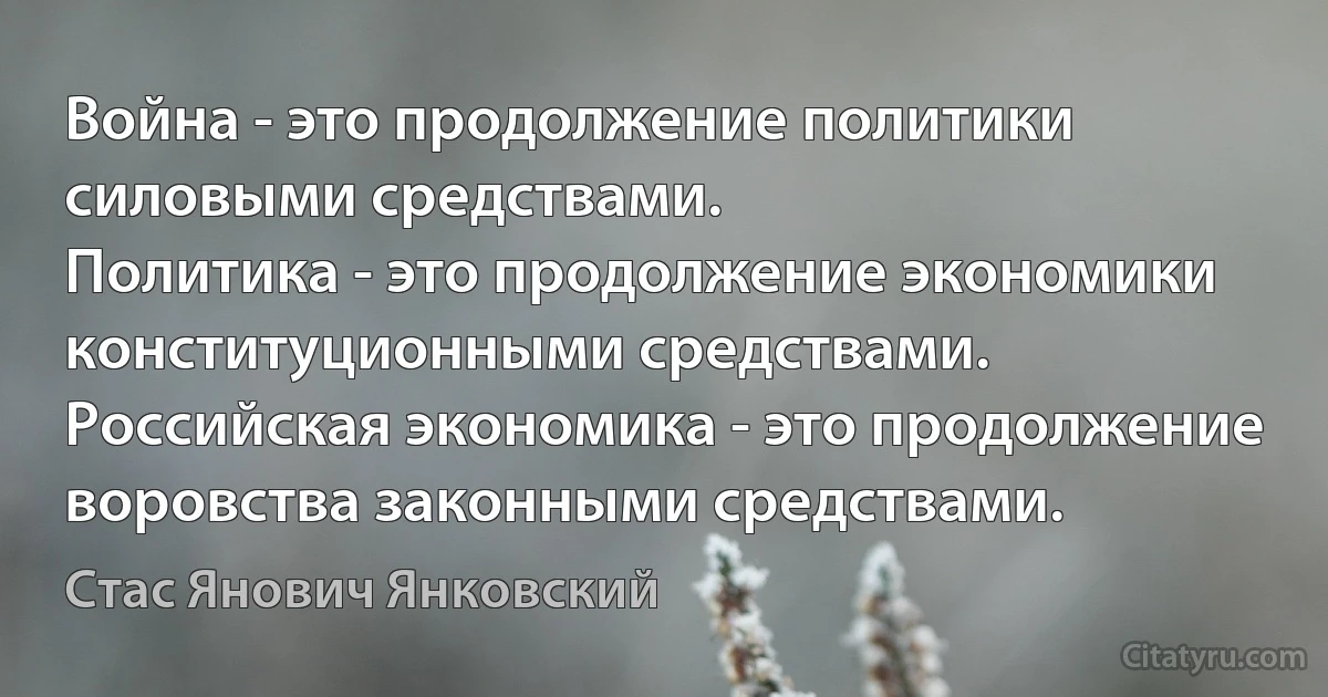 Война - это продолжение политики силовыми средствами.
Политика - это продолжение экономики конституционными средствами.
Российская экономика - это продолжение воровства законными средствами. (Стас Янович Янковский)