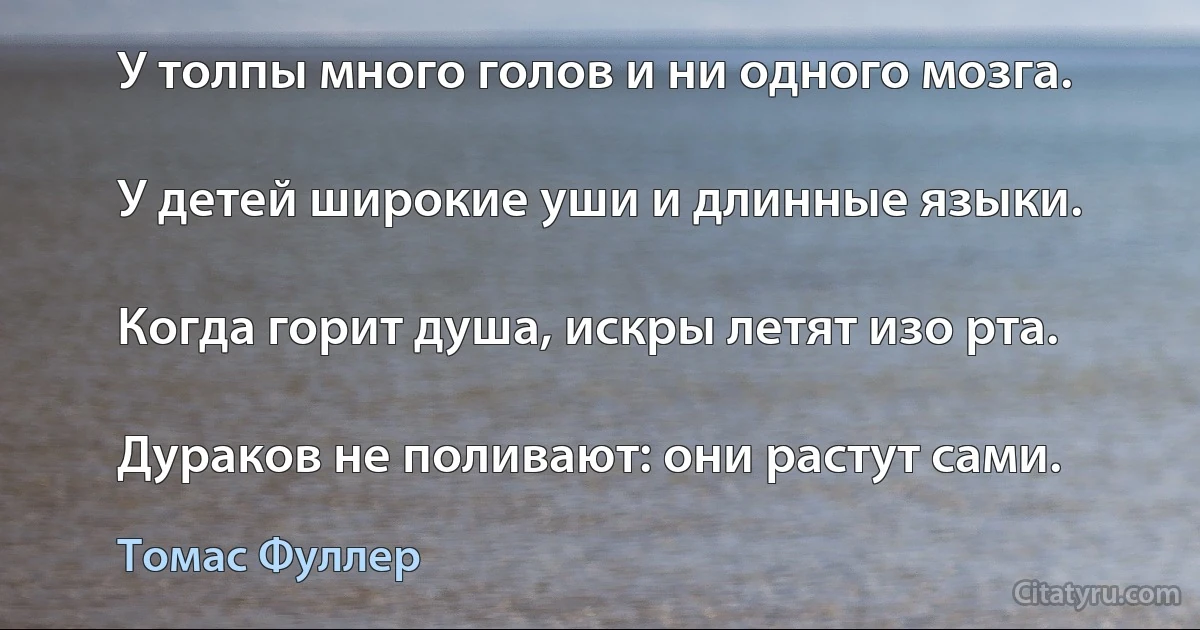 У толпы много голов и ни одного мозга.

У детей широкие уши и длинные языки.

Когда горит душа, искры летят изо рта.

Дураков не поливают: они растут сами. (Томас Фуллер)