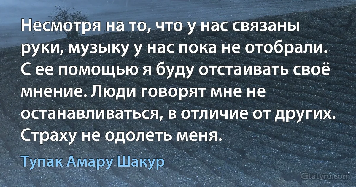 Несмотря на то, что у нас связаны руки, музыку у нас пока не отобрали. С ее помощью я буду отстаивать своё мнение. Люди говорят мне не останавливаться, в отличие от других. Страху не одолеть меня. (Тупак Амару Шакур)