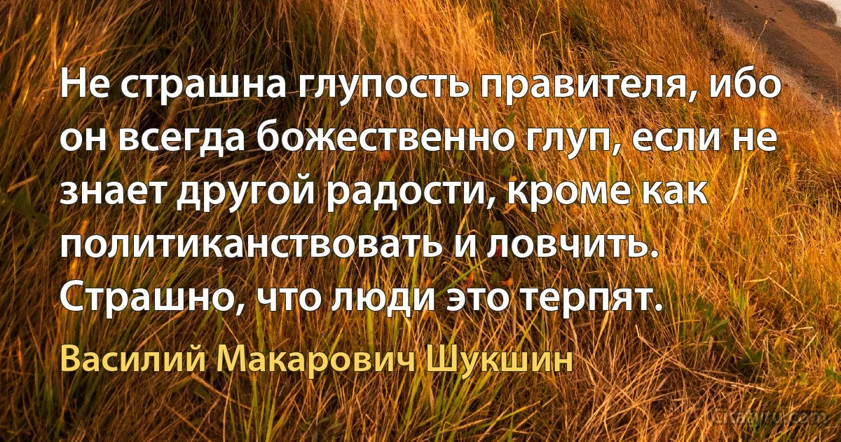 Не страшна глупость правителя, ибо он всегда божественно глуп, если не знает другой радости, кроме как политиканствовать и ловчить. Страшно, что люди это терпят. (Василий Макарович Шукшин)