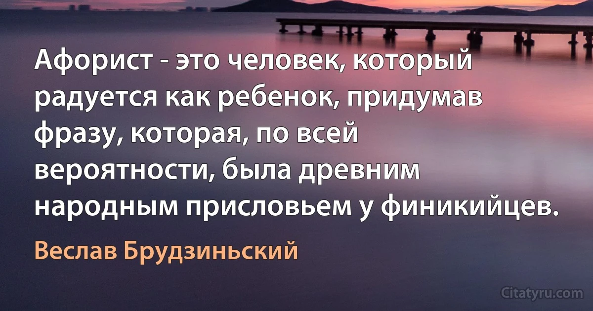 Афорист - это человек, который радуется как ребенок, придумав фразу, которая, по всей вероятности, была древним народным присловьем у финикийцев. (Веслав Брудзиньский)