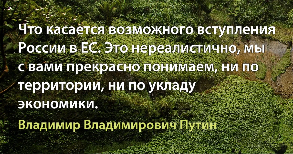 Что касается возможного вступления России в ЕС. Это нереалистично, мы с вами прекрасно понимаем, ни по территории, ни по укладу экономики. (Владимир Владимирович Путин)