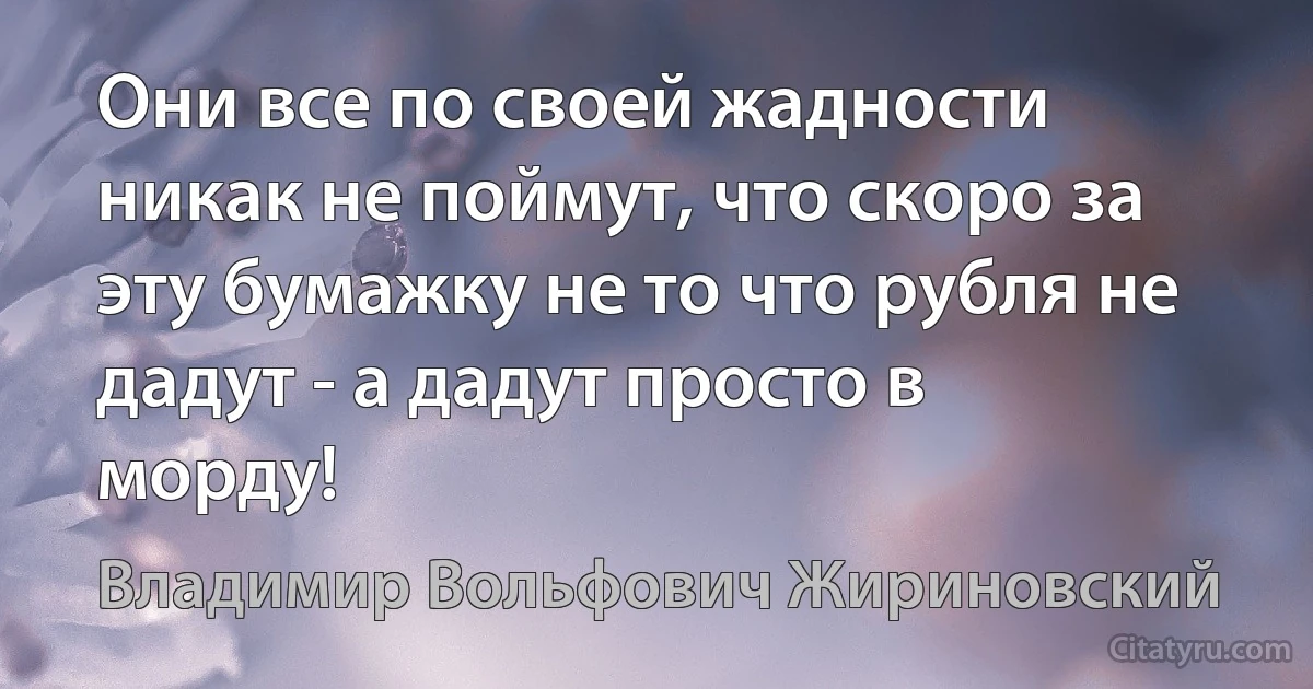 Они все по своей жадности никак не поймут, что скоро за эту бумажку не то что рубля не дадут - а дадут просто в морду! (Владимир Вольфович Жириновский)