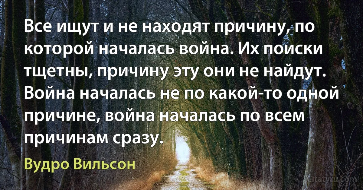 Все ищут и не находят причину, по которой началась война. Их поиски тщетны, причину эту они не найдут. Война началась не по какой-то одной причине, война началась по всем причинам сразу. (Вудро Вильсон)