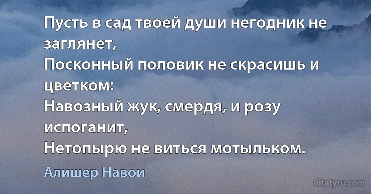 Пусть в сад твоей души негодник не заглянет,
Посконный половик не скрасишь и цветком:
Навозный жук, смердя, и розу испоганит,
Нетопырю не виться мотыльком. (Алишер Навои)