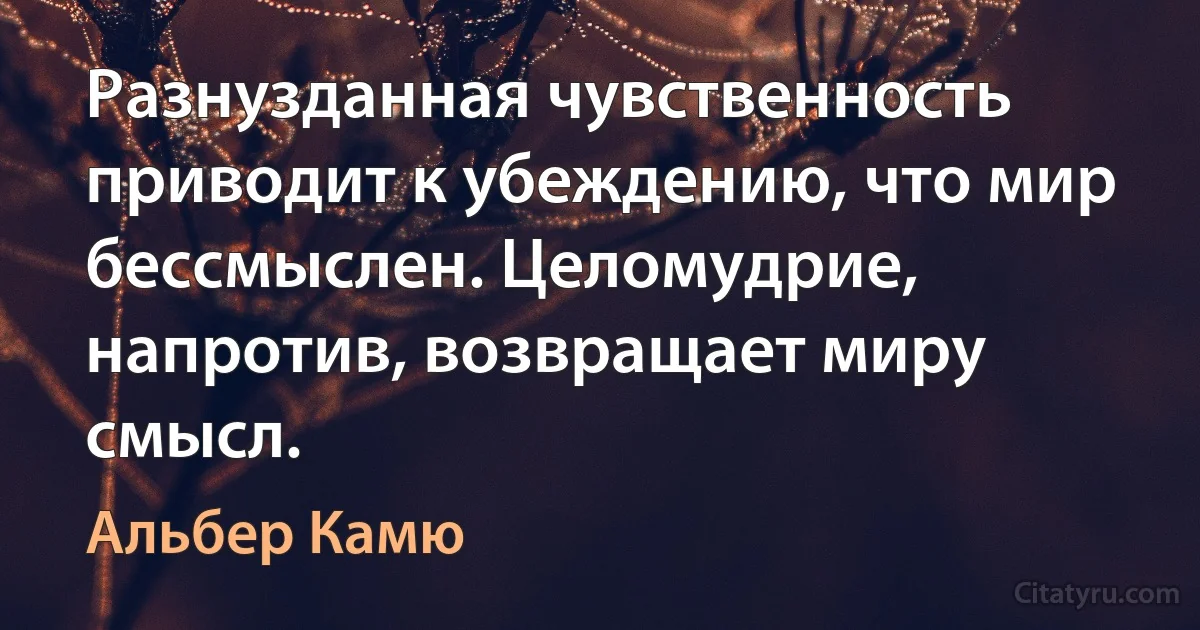 Разнузданная чувственность приводит к убеждению, что мир бессмыслен. Целомудрие, напротив, возвращает миру смысл. (Альбер Камю)