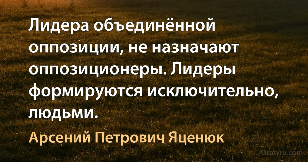 Лидера объединённой оппозиции, не назначают оппозиционеры. Лидеры формируются исключительно, людьми. (Арсений Петрович Яценюк)