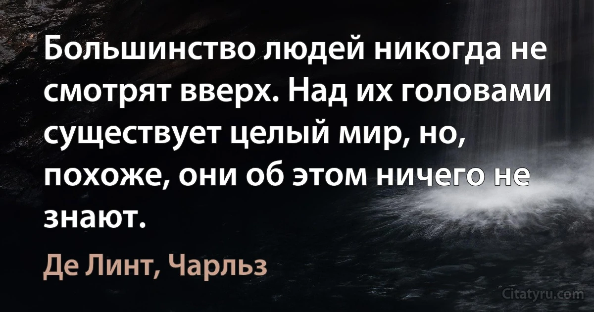 Большинство людей никогда не смотрят вверх. Над их головами существует целый мир, но, похоже, они об этом ничего не знают. (Де Линт, Чарльз)