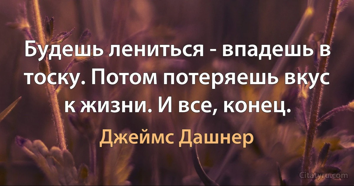 Будешь лениться - впадешь в тоску. Потом потеряешь вкус к жизни. И все, конец. (Джеймс Дашнер)