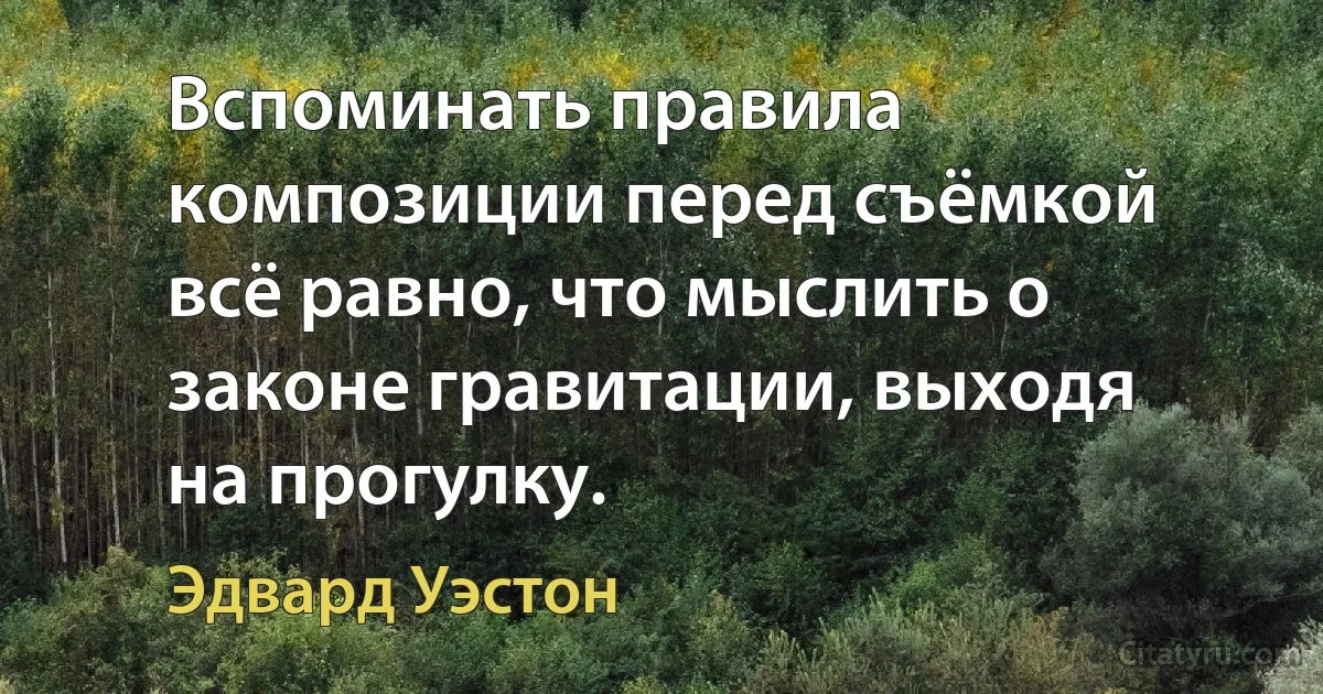 Вспоминать правила композиции перед съёмкой всё равно, что мыслить о законе гравитации, выходя на прогулку. (Эдвард Уэстон)