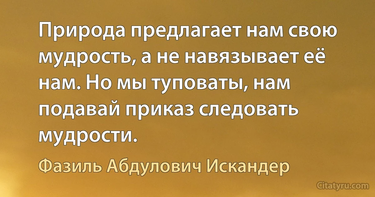 Природа предлагает нам свою мудрость, а не навязывает её нам. Но мы туповаты, нам подавай приказ следовать мудрости. (Фазиль Абдулович Искандер)