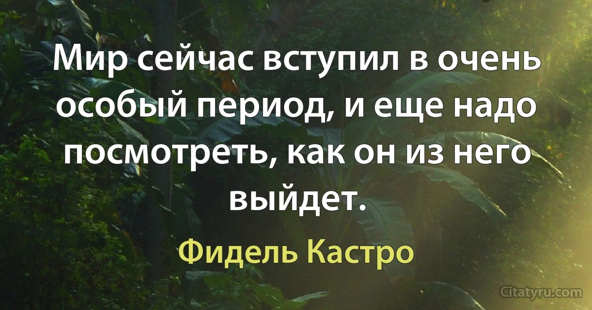 Мир сейчас вступил в очень особый период, и еще надо посмотреть, как он из него выйдет. (Фидель Кастро)