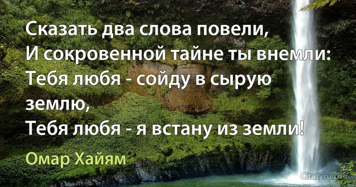 Сказать два слова повели,
И сокровенной тайне ты внемли:
Тебя любя - сойду в сырую землю,
Тебя любя - я встану из земли! (Омар Хайям)